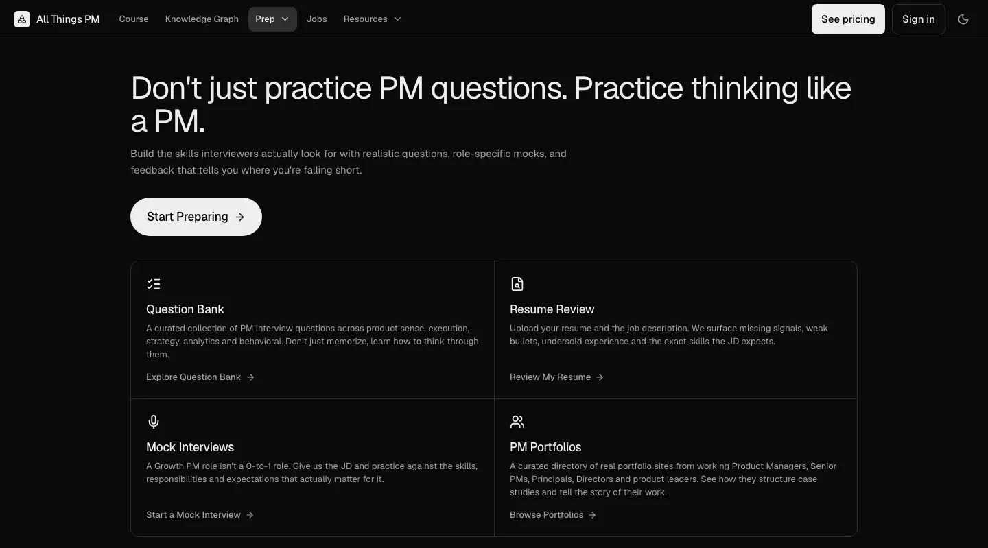 The prep hub on AllthingsPM, September 2026 The AllthingsPM prep page, with cards for the question bank, resume review, mock interviews and PM portfolios