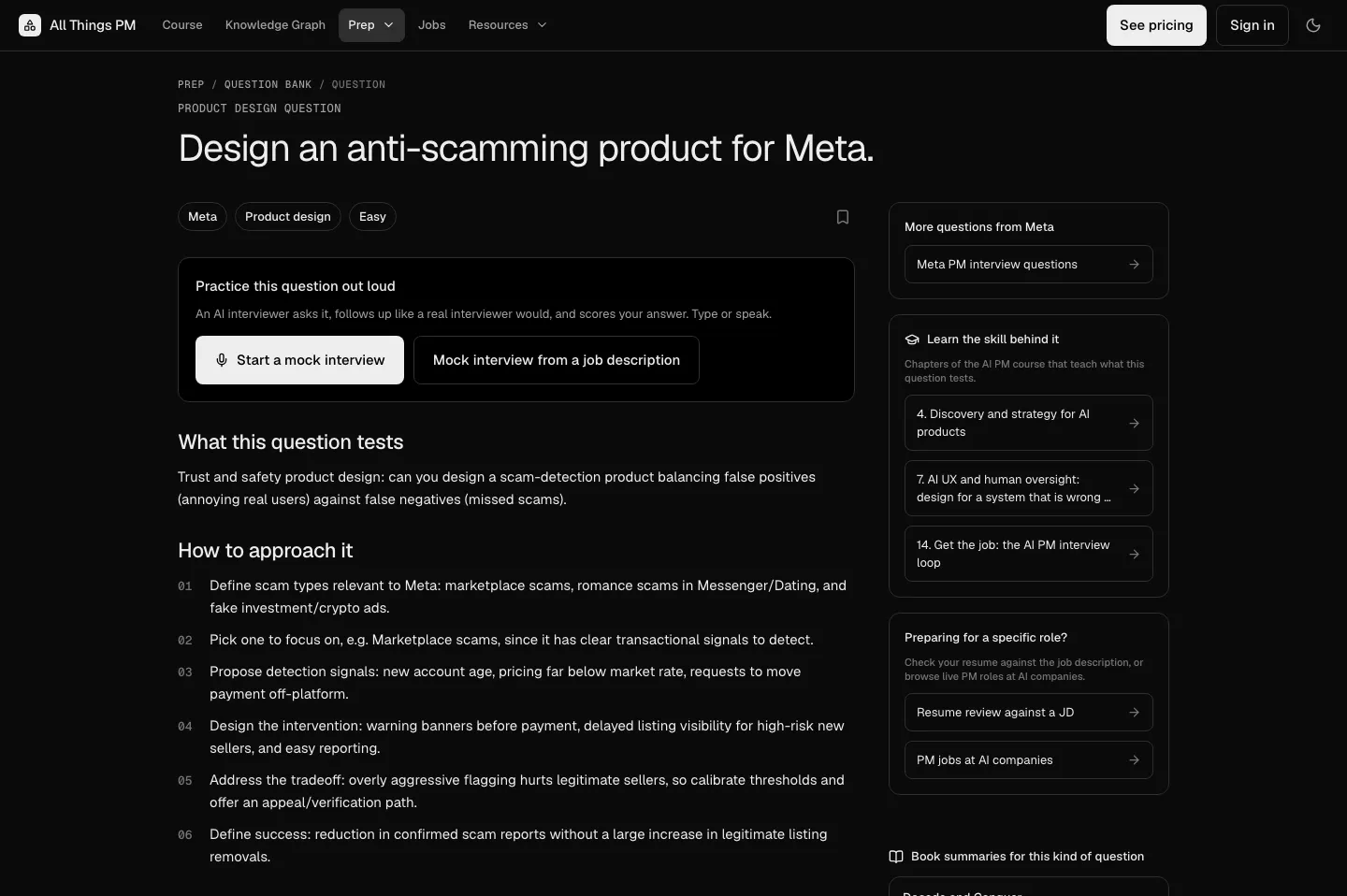 A free question page with its answer guide on AllthingsPM, September 2026 An AllthingsPM question page for "Design an anti-scamming product for Meta", with what the question tests, how to approach it, and buttons to start a mock interview