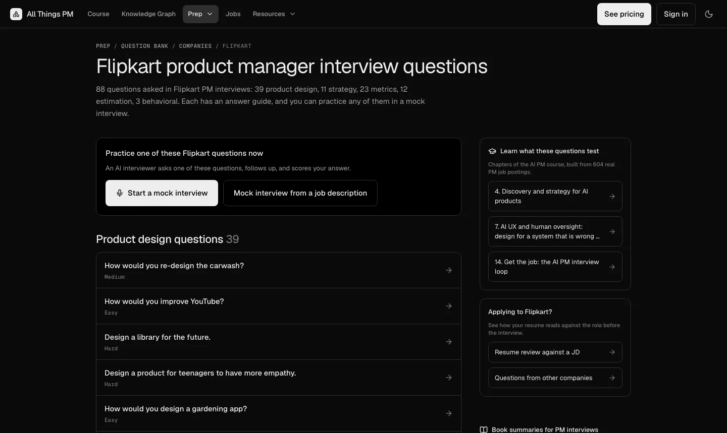 The Flipkart PM interview questions page on AllthingsPM, September 2026 The AllthingsPM Flipkart question page: 88 questions asked in Flipkart PM interviews, split into 39 product design, 11 strategy, 23 metrics, 12 estimation and 3 behavioral, with buttons to start a mock interview or a mock from a job description