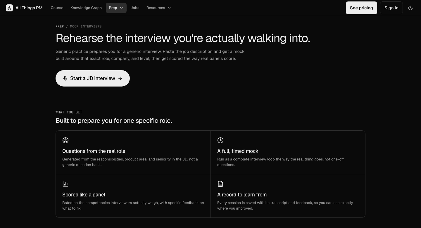 The allthingspm.app JD mock, September 2026 The allthingspm.app JD mock page, where you paste a job description to get a mock interview built for that role