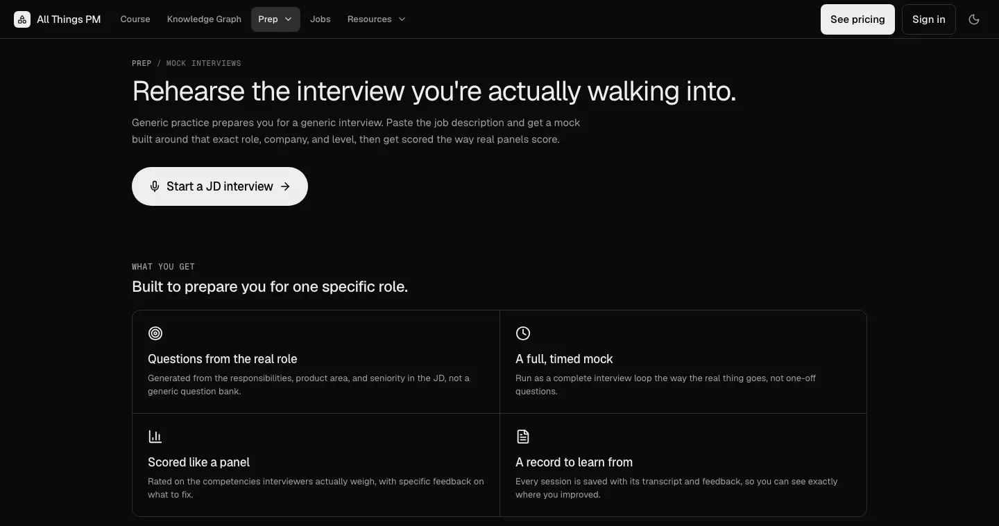 The JD mock page on AllthingsPM, 26 September 2026 The AllthingsPM JD mock page, where you paste a job description to get a mock built around that exact role