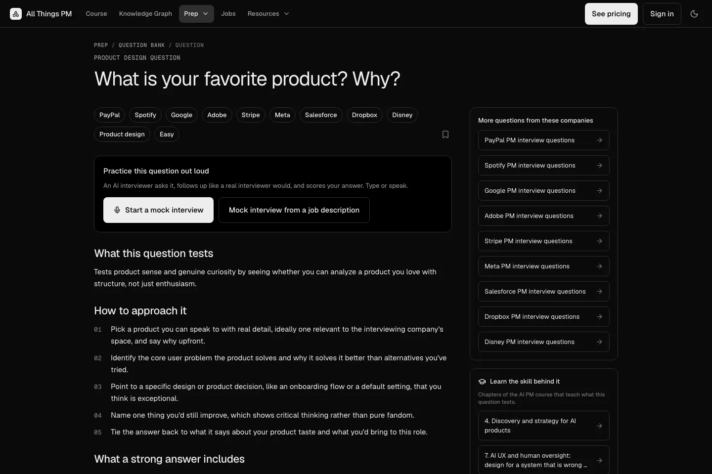 A question page on AllthingsPM, 26 September 2026 A public question page on AllthingsPM showing the question, the companies that asked it, a Start a mock interview button, and an answer guide