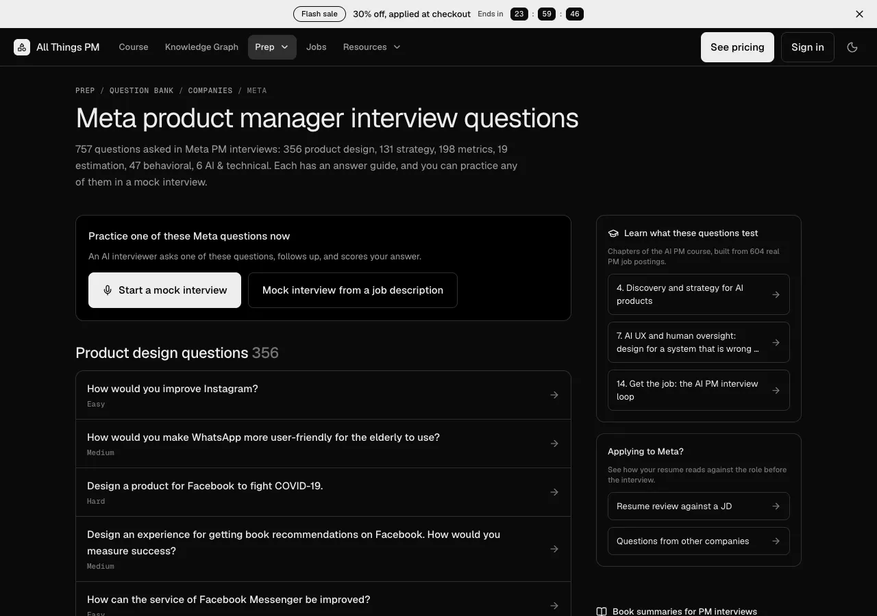 The Meta question hub on AllthingsPM, September 2026 The AllthingsPM Meta question hub, showing 757 Meta questions by type with Start a mock interview and Mock interview from a job description buttons