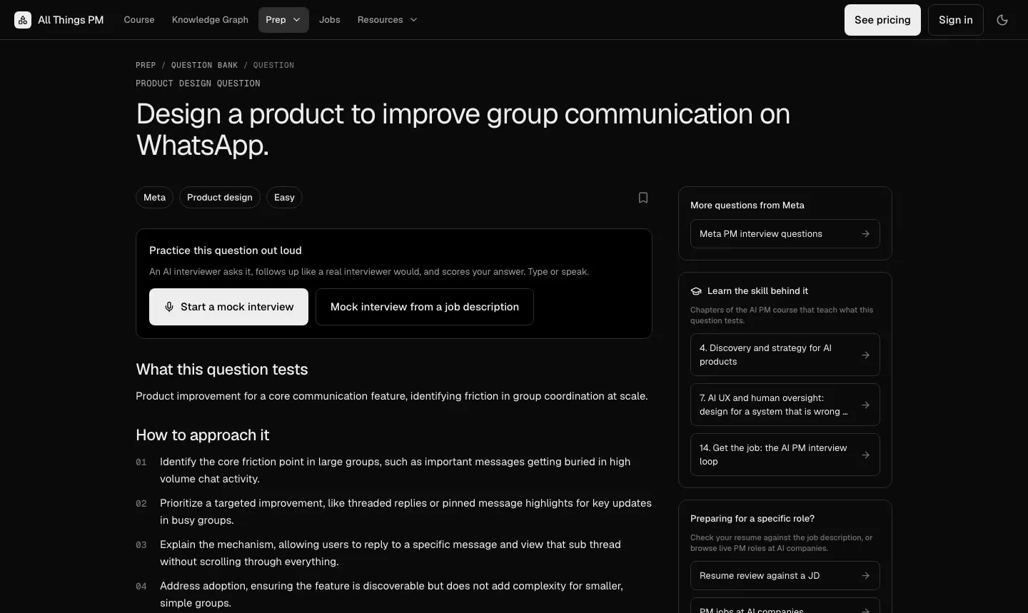 A question page in the AllthingsPM question bank, September 2026 An AllthingsPM question page for "Design a product to improve group communication on WhatsApp", with buttons to start a mock interview and an approach guide below
