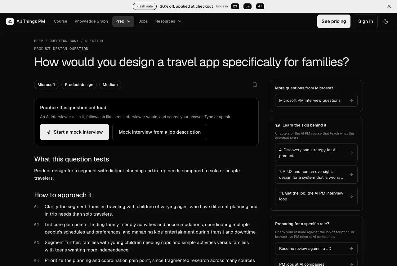 A Product Design question page on AllthingsPM, September 2026 The AllthingsPM question page for "How would you design a travel app specifically for families?" showing the Microsoft and Product design tags, a Start a mock interview button, what the question tests, and a numbered approach