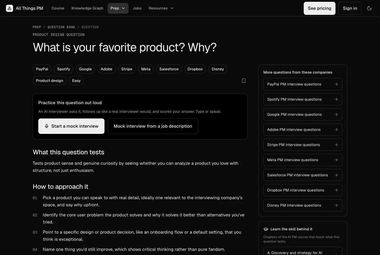 The favorite product question on AllthingsPM, tagged to nine companies, September 2026 The AllthingsPM question page for "What is your favorite product? Why?" showing tags for PayPal, Spotify, Google, Adobe, Stripe, Meta, Salesforce, Dropbox and Disney, a Start a mock interview button, what the question tests, and a numbered approach