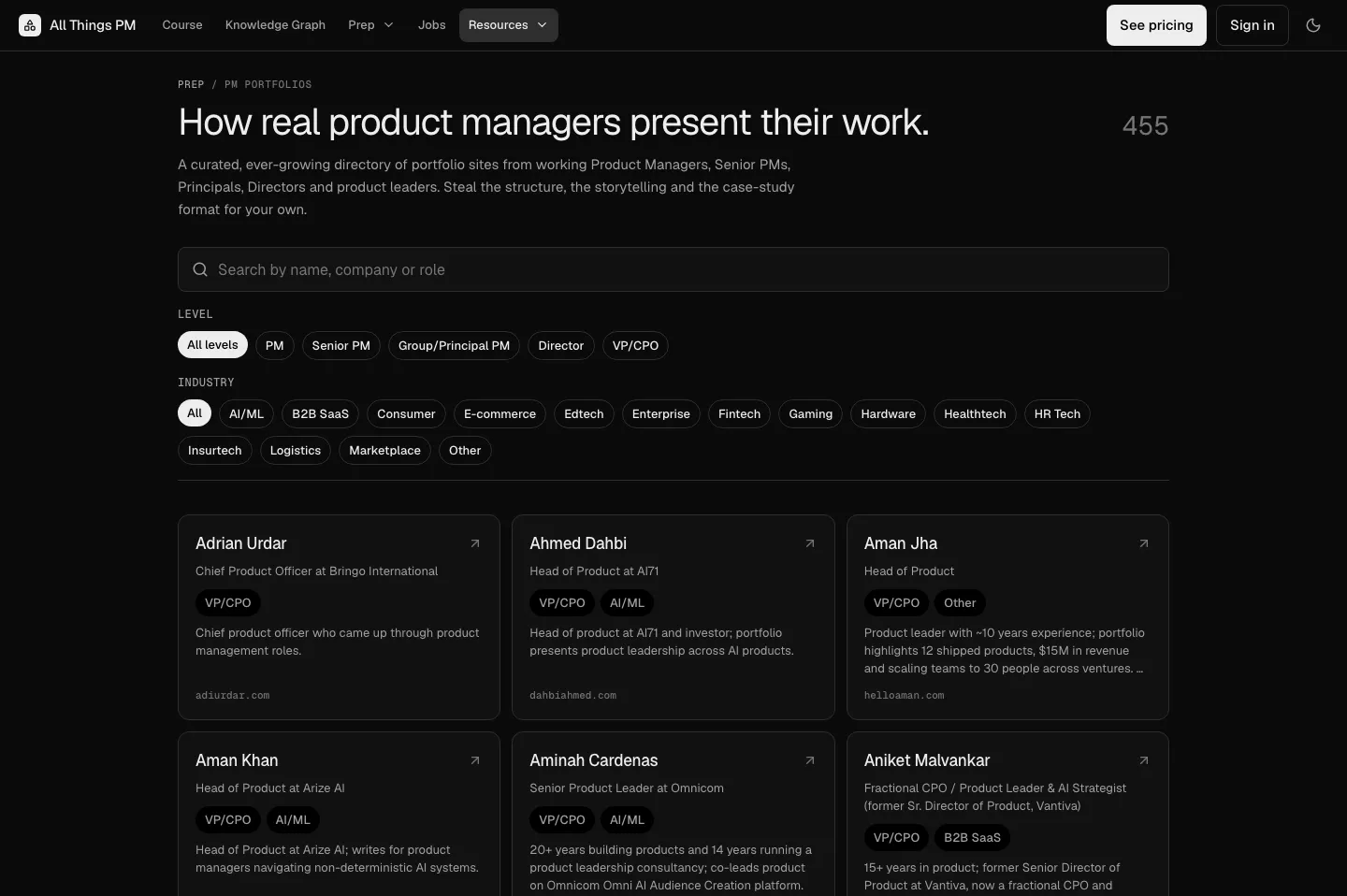 The AllthingsPM PM Portfolios directory: filter 455 real sites by level and industry. The PM Portfolios directory on AllthingsPM, with a search box, level filters from PM to VP/CPO, industry filters, and cards showing each person's name, title, level, industry and site