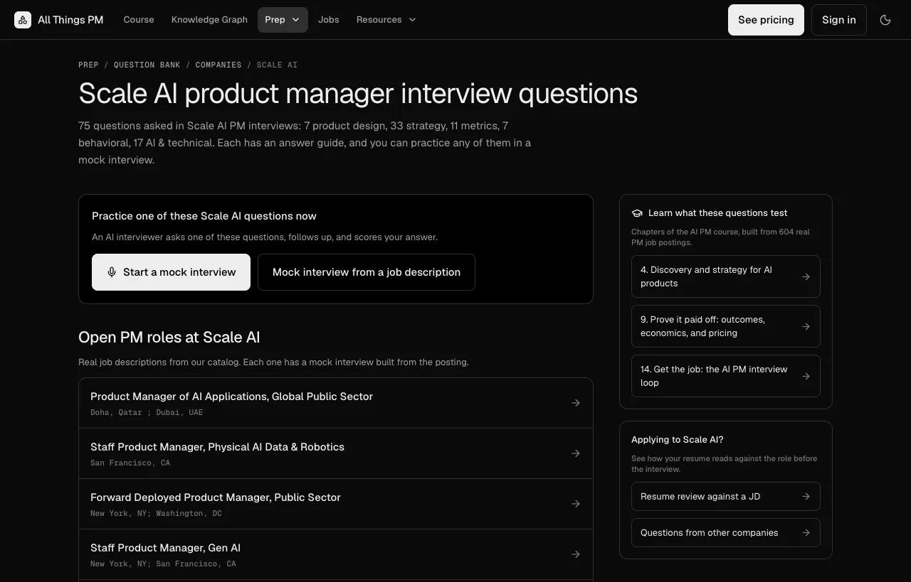 The Scale AI company page on AllthingsPM, September 2026 The AllthingsPM Scale AI question hub, showing 75 questions by type, buttons to start a mock interview or a mock from a job description, and a list of open PM roles at Scale AI