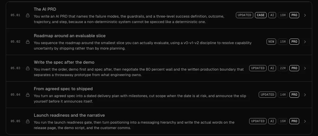 The AI PRD chapter in the AllthingsPM course, September 2026 The AI PRD chapter of the AllthingsPM course: five lessons covering the AI PRD, roadmap around an evaluable slice, writing the spec after the demo, delivery planning, and launch readiness