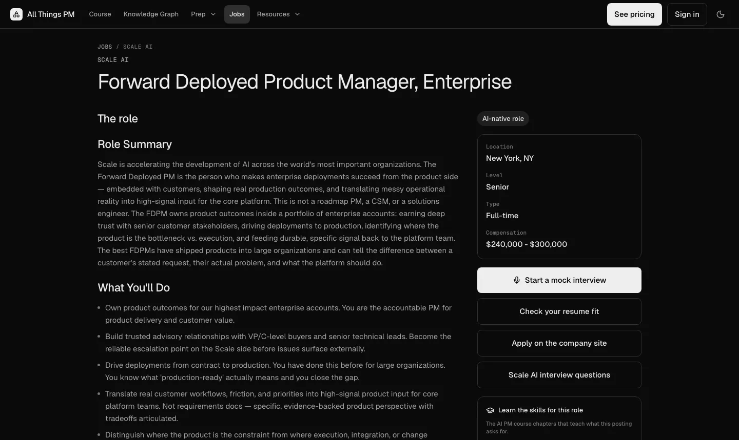 The Scale AI FDPM posting in the AllthingsPM jobs catalog, with a mock interview built from its text The Scale AI Forward Deployed Product Manager, Enterprise posting on AllthingsPM, with salary, level and a Start a mock interview button